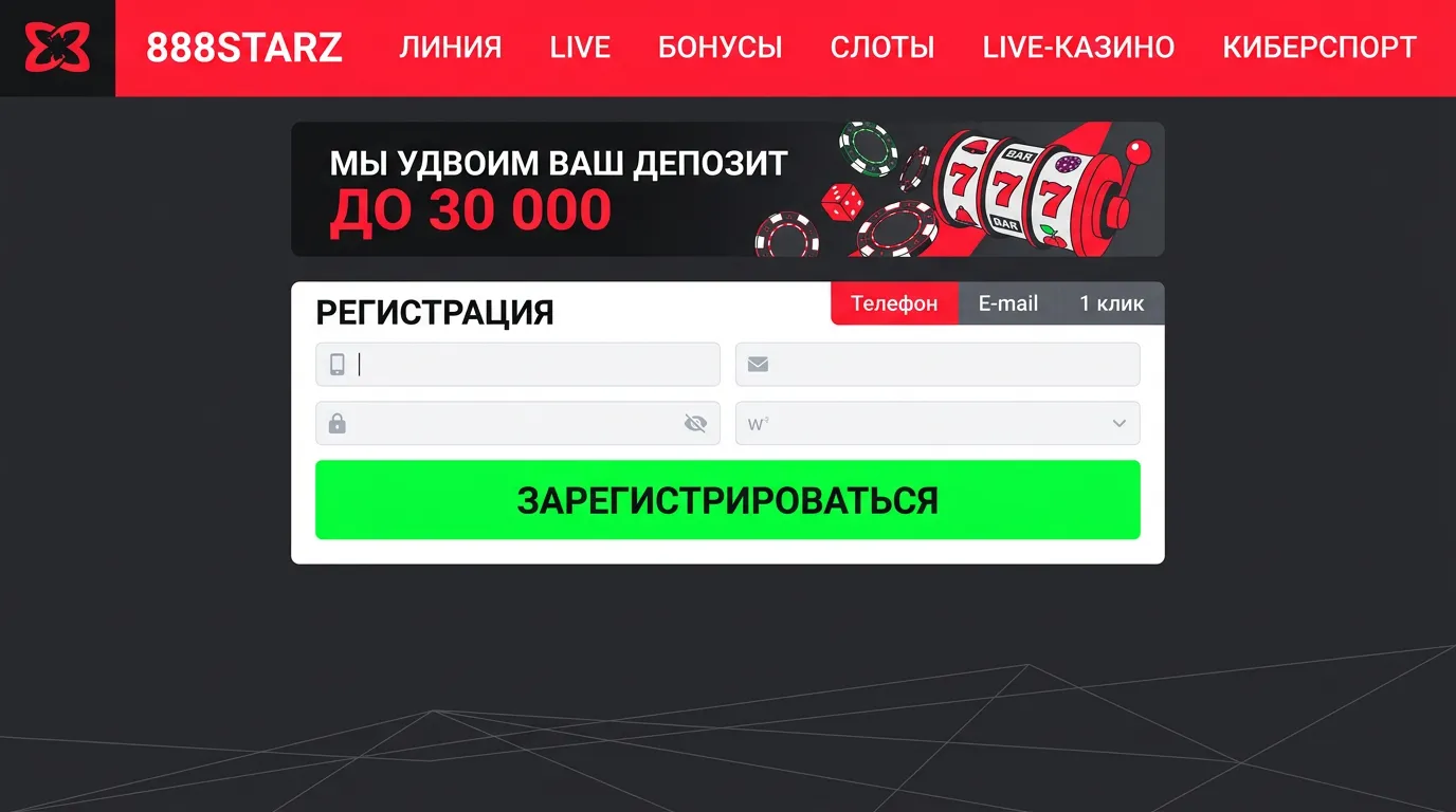 Интерфейс официального сайта 888Starz с разделами казино и ставок